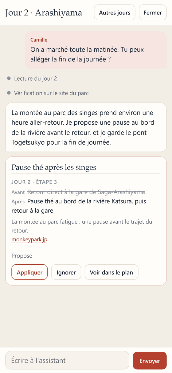 Screenshot: the assistant proposes replacing a step, with the reason, the source and the Apply and Dismiss buttons