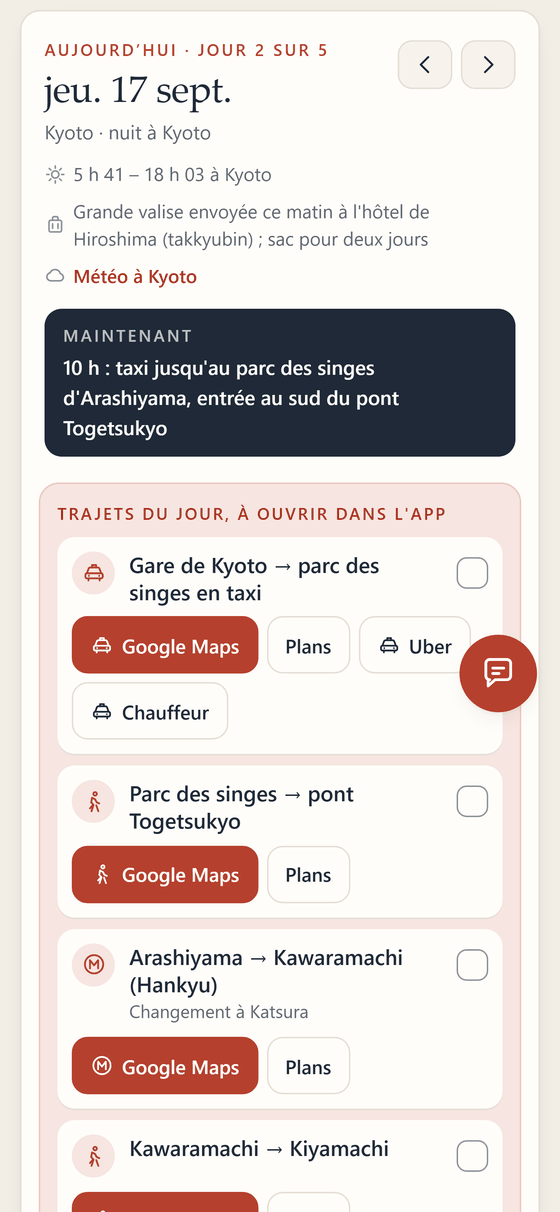 Screenshot: the card for day 2 of the demo notebook, with sunrise, luggage, the Now block and the routes of the day